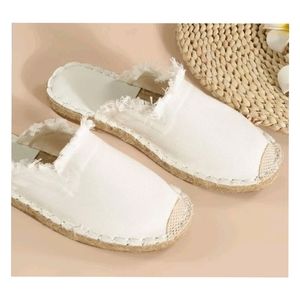 NEW Fray Trim Espadrille Flat Mules Shoe Sandal White Slip On Slippers Canvas 🏝